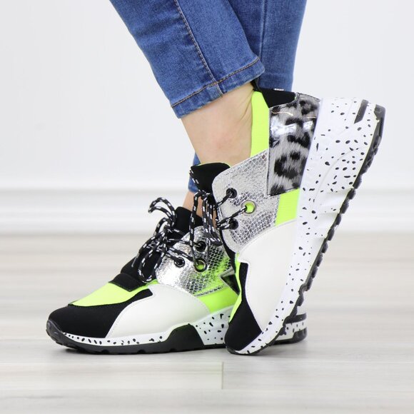 Multicolor Chunky Sneakers Neon Yellow Silver Animal Print Rugged Sole - Picture 10 of 14